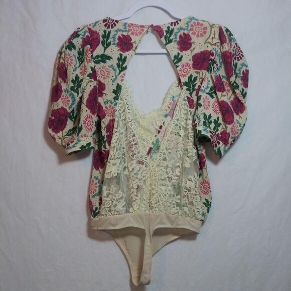 Free People Floral Romantic Boho Lace Open Back Bodysuit Puff Sleeves Size XS - Picture 7 of 11
